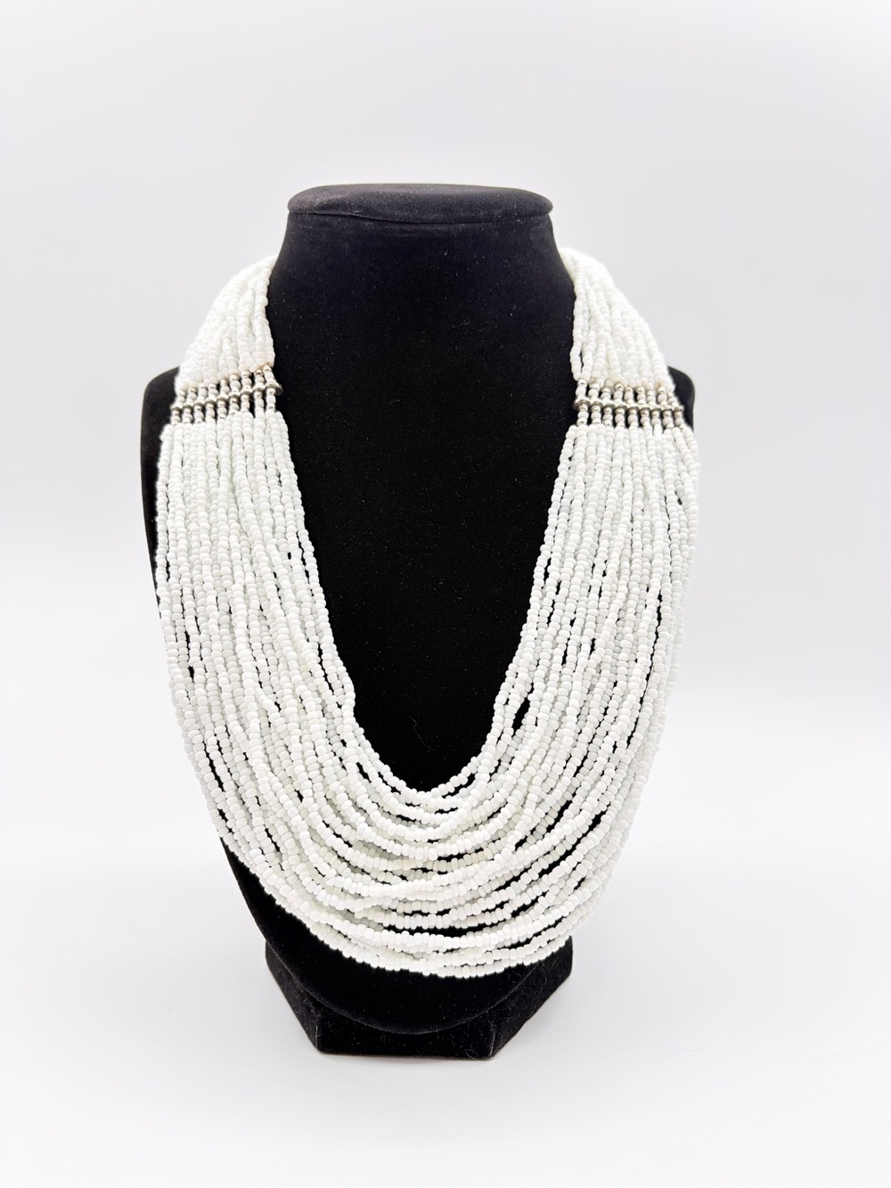White Multi-Strand Seed Bead Statement Necklace Boho Layered Bib Necklace